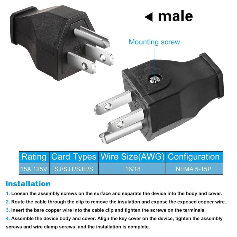 TENINYU 2-Pole, 3 Wire Grounding Plug Male Extension Cord Straight Blade Plug Replacement Electrical Plugs End, 15A 125V Black,3Pack (Male) - Image 3